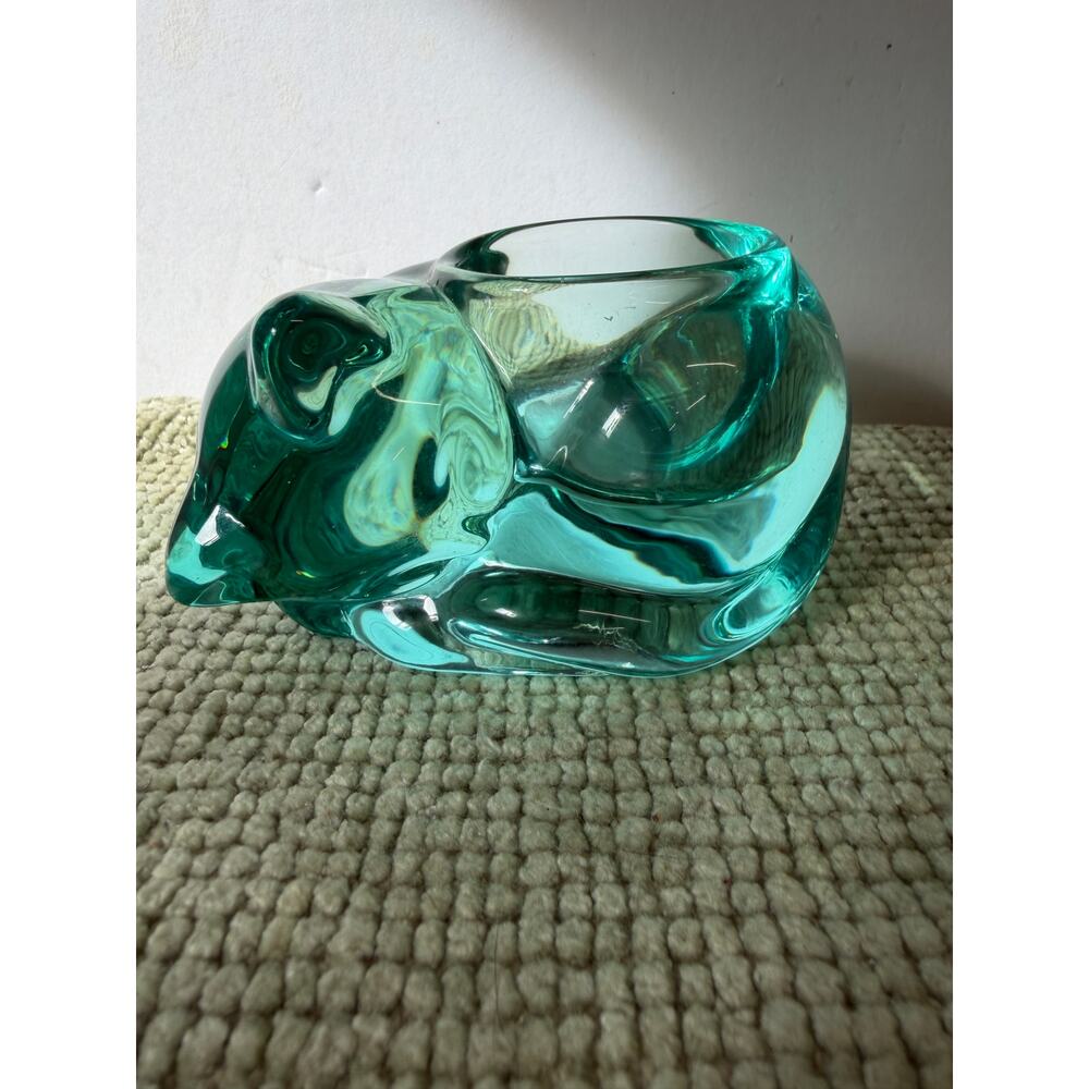 VTG Indiana Glass Teal Cat Candle Holder Lancaster Colony Art Glass